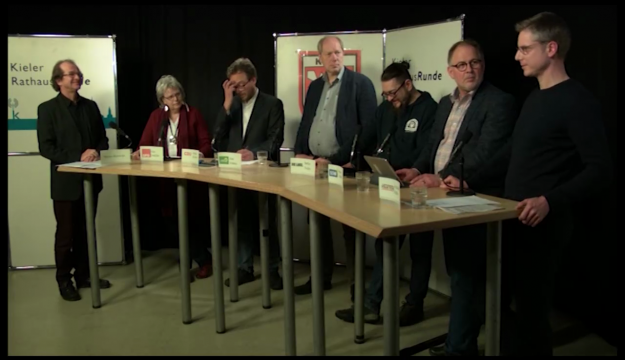 KRR, Aufz. v. 15.1.19, v. l., T. Borowski (Moderator), G. Langfeldt (SPD), S. Kruber (CDU), D. Scheelje (B 90 DIE GRÜNEN), S. Rudau (Die Linke), M. Schmidt (SSW), A. Halle (DIE FRAKTION)