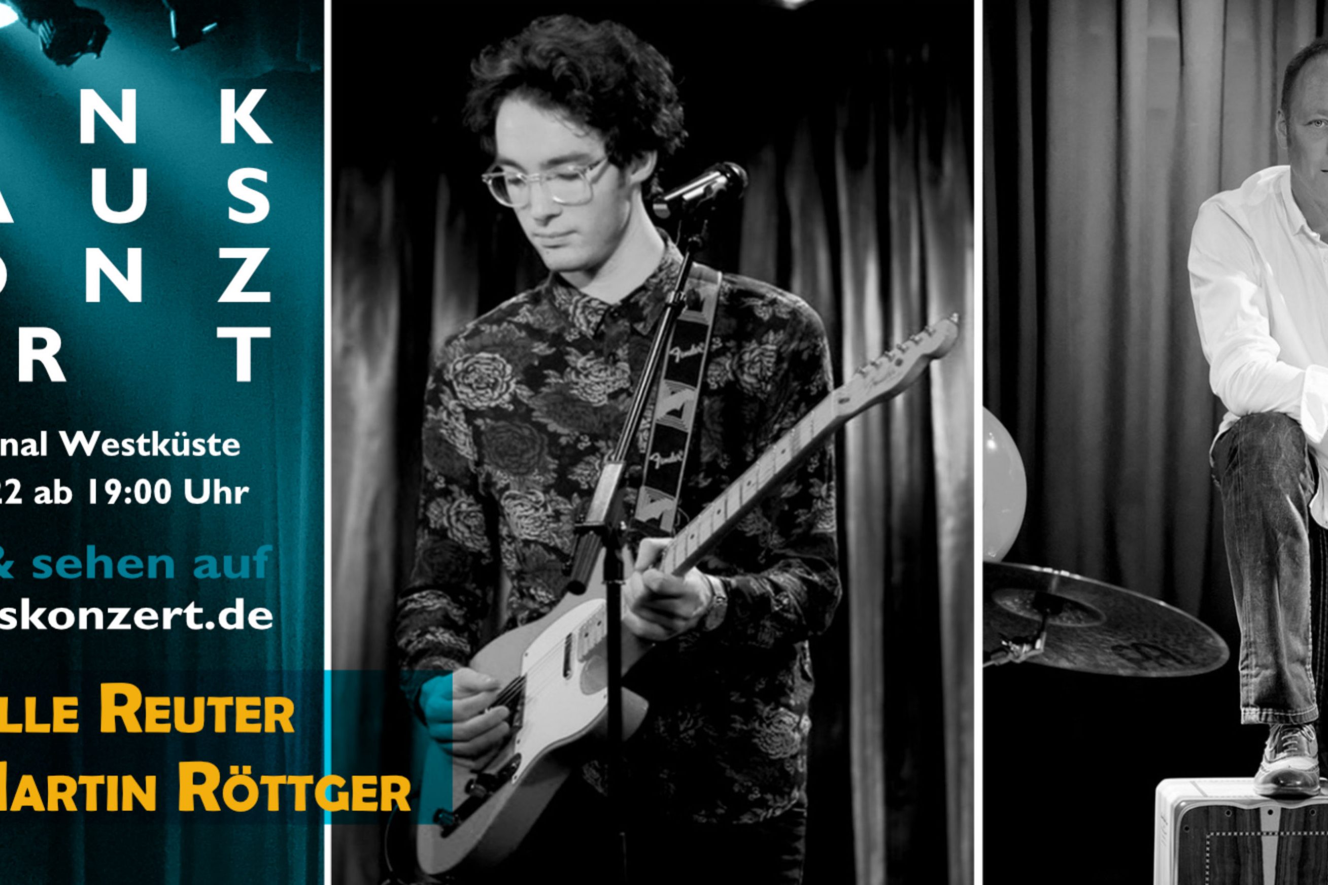 Das Funkhauskonzert Plakat von Kalle Reuter und Martin Röttger Kalle Reuter spielt mit seiner Gitarre und Martin Röttger hat seinen Fuß auf sein Cajon gestellt