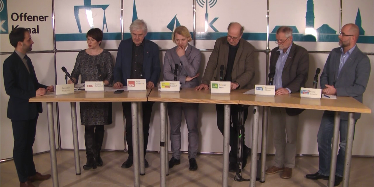 Aufz. v. 12.2.19, zu TOP 31, v. l.: B. Walczak (Moderator), A. Tschacher (CDU), B. Heinemann (SPD), D. Bornhöft (FDP), B. Peters (B 90/ DIE GRÜNEN), F. Meyer (SSW), C. Schaffer (AfD)